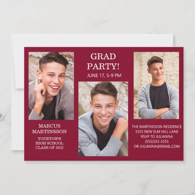 Modern 3 Photo Burgundy Graduation Party Invitation (Front)