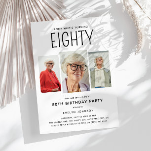 Modern 3 Photo Collage 80th Birthday Party Invitation
