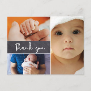 Modern 3 Photo Collage Baby Boy Birth Postcard
