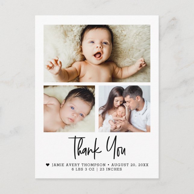 Modern 3 Photo Collage Baby Thank you Birth Postcard (Front)