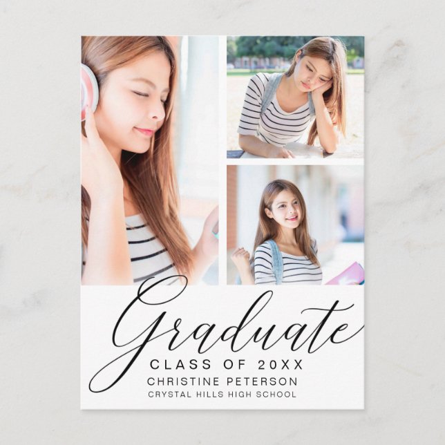 Modern 3 Photo Collage Black Script Graduation Postcard (Front)