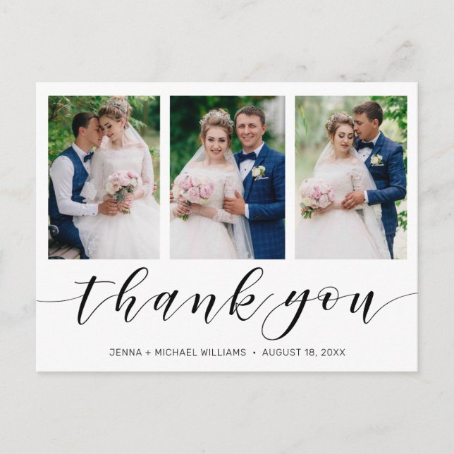 Modern 3 Photo Collage Black Script Wedding Postcard (Front)