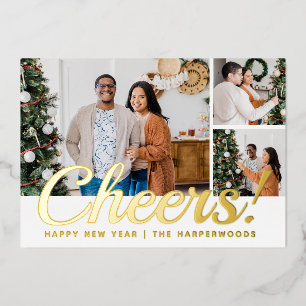Modern 3 Photo Collage Cheers Happy New Year Foil Holiday Card