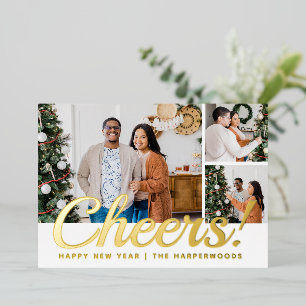 Modern 3 Photo Collage Cheers Happy New Year Foil Holiday Card