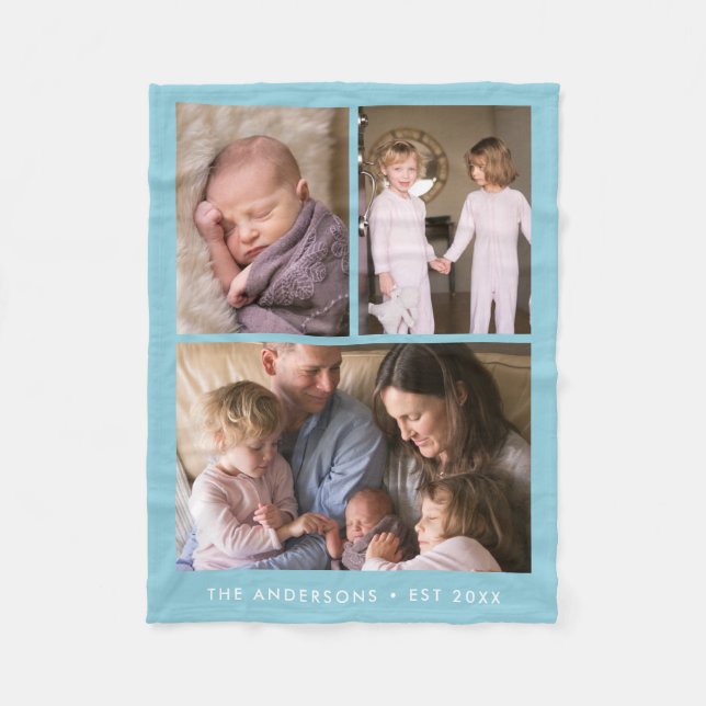Modern 3 Photo Collage Editable Colour Fleece Blanket (Front)
