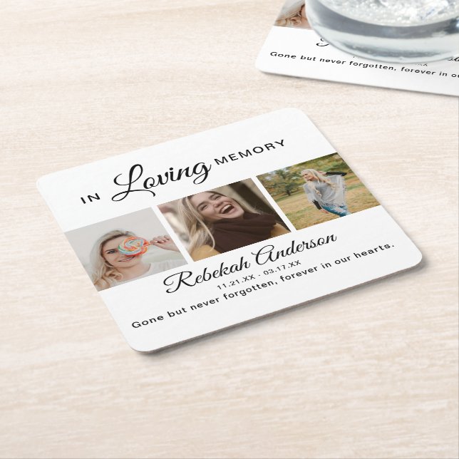 Modern 3 Photo Collage Memorial Square Paper Coaster (Angled)