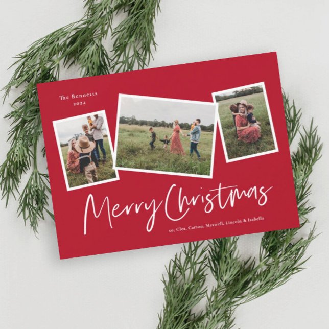 Modern 3 Photo Collage Merry Christmas Holiday Card (Creator Uploaded)