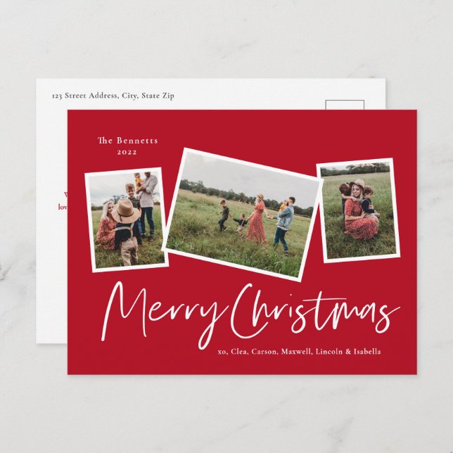 Modern 3 Photo Collage Merry Christmas Holiday Postcard (Front/Back)