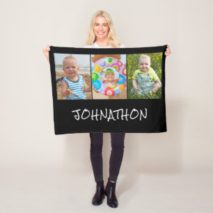 Modern 3 Photo Collage Name Fleece Blanket