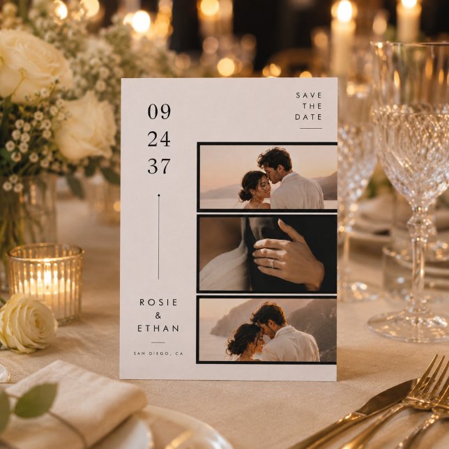 Modern 3 Photo Collage Save the Date Wedding Card (Creator Uploaded)