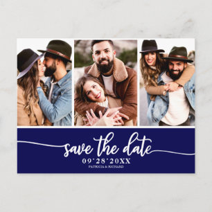 Modern 3 Photo Collage Wedding Save The Date Postcard