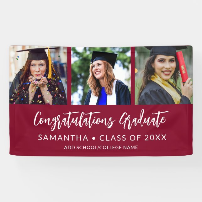 Modern 3 Photo Congratulations Maroon Graduation Banner (Horizontal)