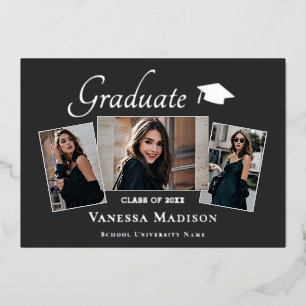 Modern   3 Photo Foil Graduation Announcement