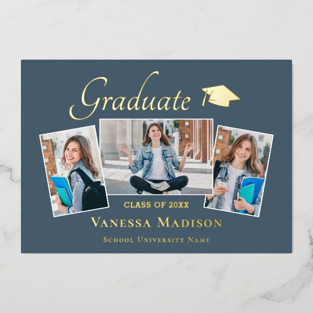 Modern | 3 Photo Foil Graduation Announcement (Front)