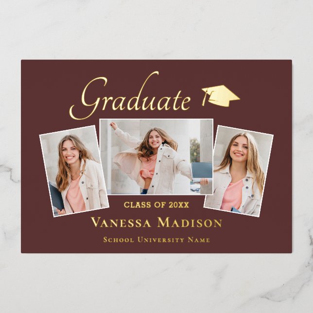 Modern | 3 Photo Foil Graduation Announcement (Front)