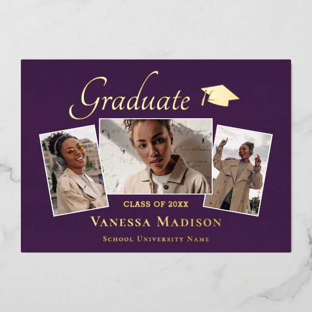 Modern | 3 Photo Foil Graduation Announcement (Front)