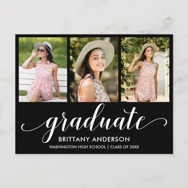 Modern 3 Photo Graduation Announcement Script Postcard (Front)