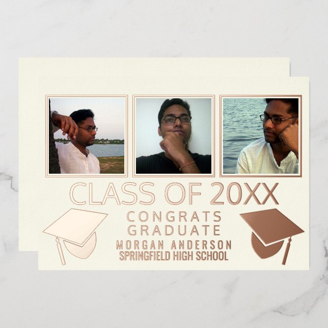 Modern 3 Photo Graduation Caps Ivory Rose Gold (Front/Back)