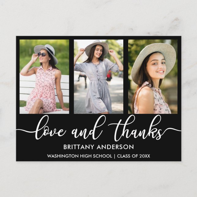 Modern 3 Photo Graduation Love and Thanks B Announcement Postcard (Front)