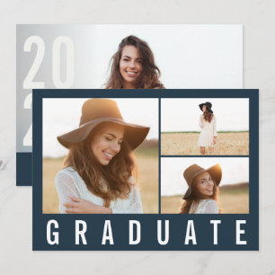 Modern 3 photo graduation navy blue typography announcement