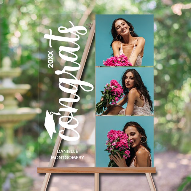 Modern 3 Photo Graduation Party (Modern 3 photo graduation party acrylic sign with your details on chic white lettering)