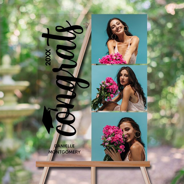 Modern 3 Photo Graduation Party Acrylic Sign (Modern 3 photo graduation party acrylic sign with your details on chic black lettering)