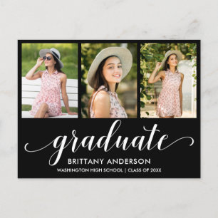 Modern 3 Photo Graduation Party Script Invitation Postcard