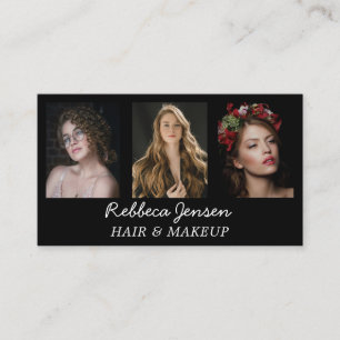 Modern 3 Photo Hair & makeup Black and White  Business Card