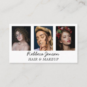 Modern 3 Photo Hair & makeup Black and White  Business Card