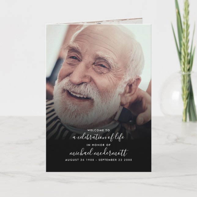 Modern 3-Photo Handwritten Script Funeral/Memorial Program (Front)