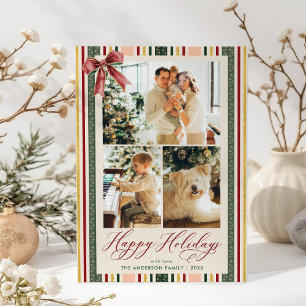 Modern 3 Photo Happy Holidays Vintage Stripes Bow Holiday Card