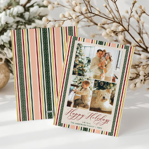 Modern 3 Photo Happy Holidays Vintage Stripes Holiday Card