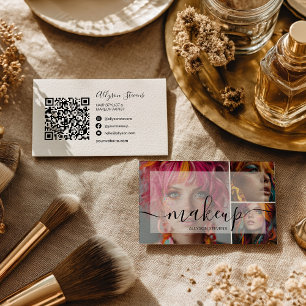 Modern 3 Photo Makeup Artist QR code Social Media Business Card