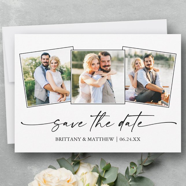 Modern 3 Photo Minimalist Ink Script Save The Date (Customize to change your personalized text size or text style.)