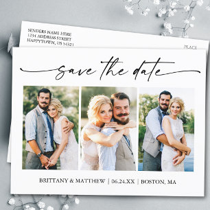 Modern 3 Photo Minimalist Ink Script Save The Date Postcard
