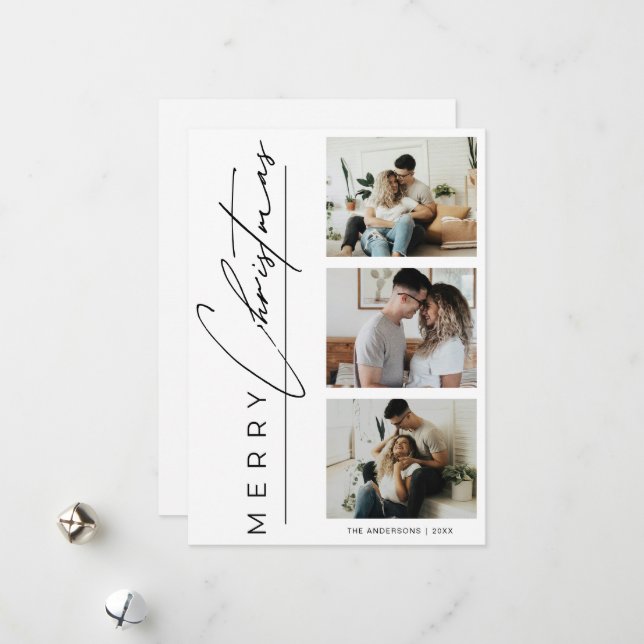 Modern 3 Photo Minimalist Merry Christmas Script Holiday Card (Front/Back In Situ)