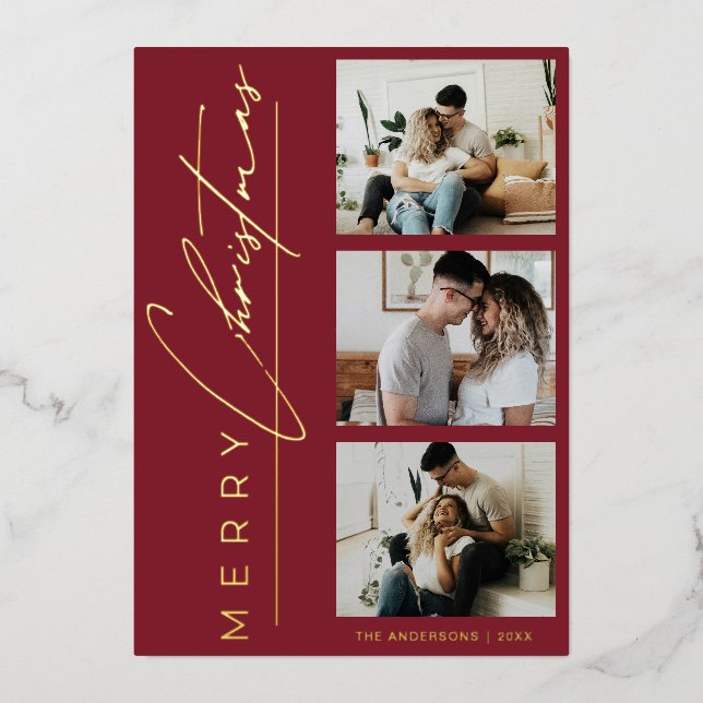 Modern 3 Photo Minimalist Red Christmas Script Foil Holiday Card (Front)