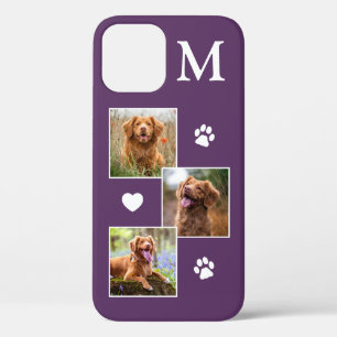 Modern 3 Photo Monogram Purple Cat Pet Dog iPhone 12 Case