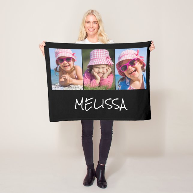 Modern 3 Photo Name Fleece Blanket (In Situ)