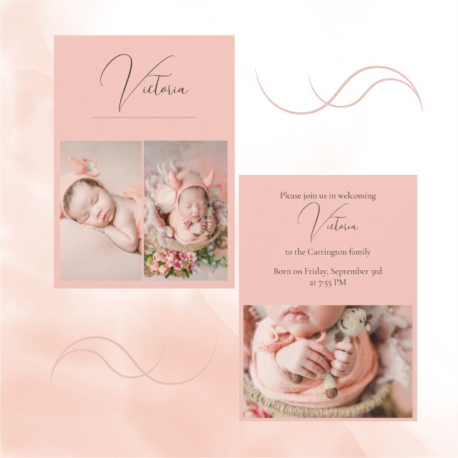 Modern 3 Photo Peach Baby Girl Birth Announcement (Creator Uploaded)