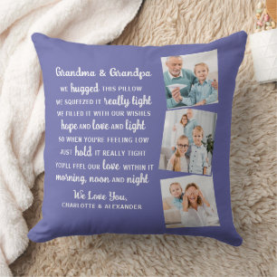 Modern 3 Photo Personalized Grandma Grandpa Poem Throw Pillow