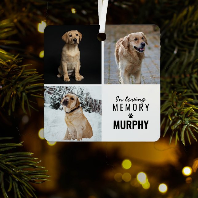 Modern 3 Photo Pet Memorial | Christmas Tree Metal Ornament (Creator Uploaded)