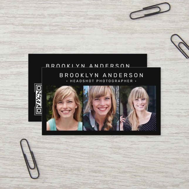 Modern 3 Photo Photographer Black Business Card (Front/Back In Situ)
