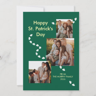 Modern 3-Photo Shamrock St. Patrick's Day Family Holiday Card