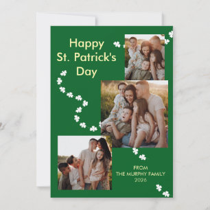 Modern 3-Photo Shamrock St. Patrick's Day Family Holiday Card