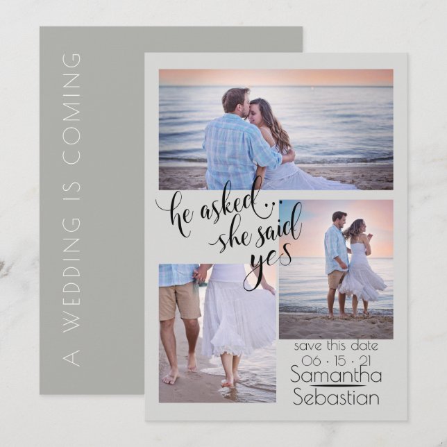 Modern 3 Photo She Said Yes  Save the Date Invitation (Front/Back)