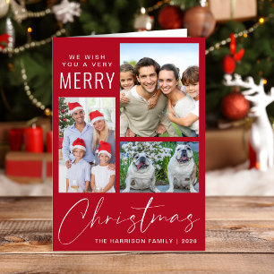 Modern 3 Photo Very Merry Christmas Red Holiday Card