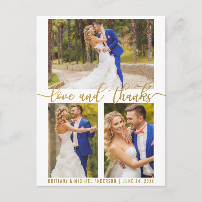 Modern 3 Photo Wedding Love and Thanks Gold Script Postcard (Front)