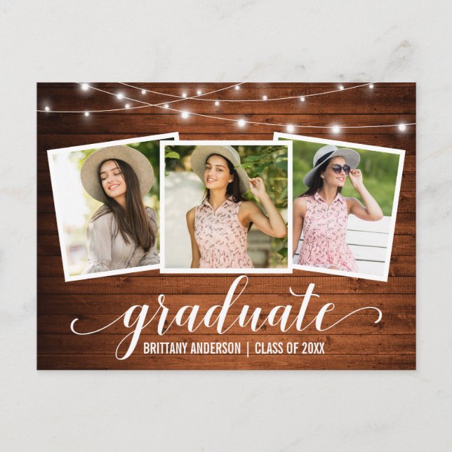 Modern 3 Photo Wood Lights Graduation Announcement (Front)