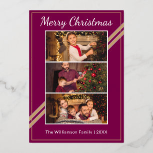 Modern 3 Photos Collage Plum Red Merry Christmas Foil Holiday Card